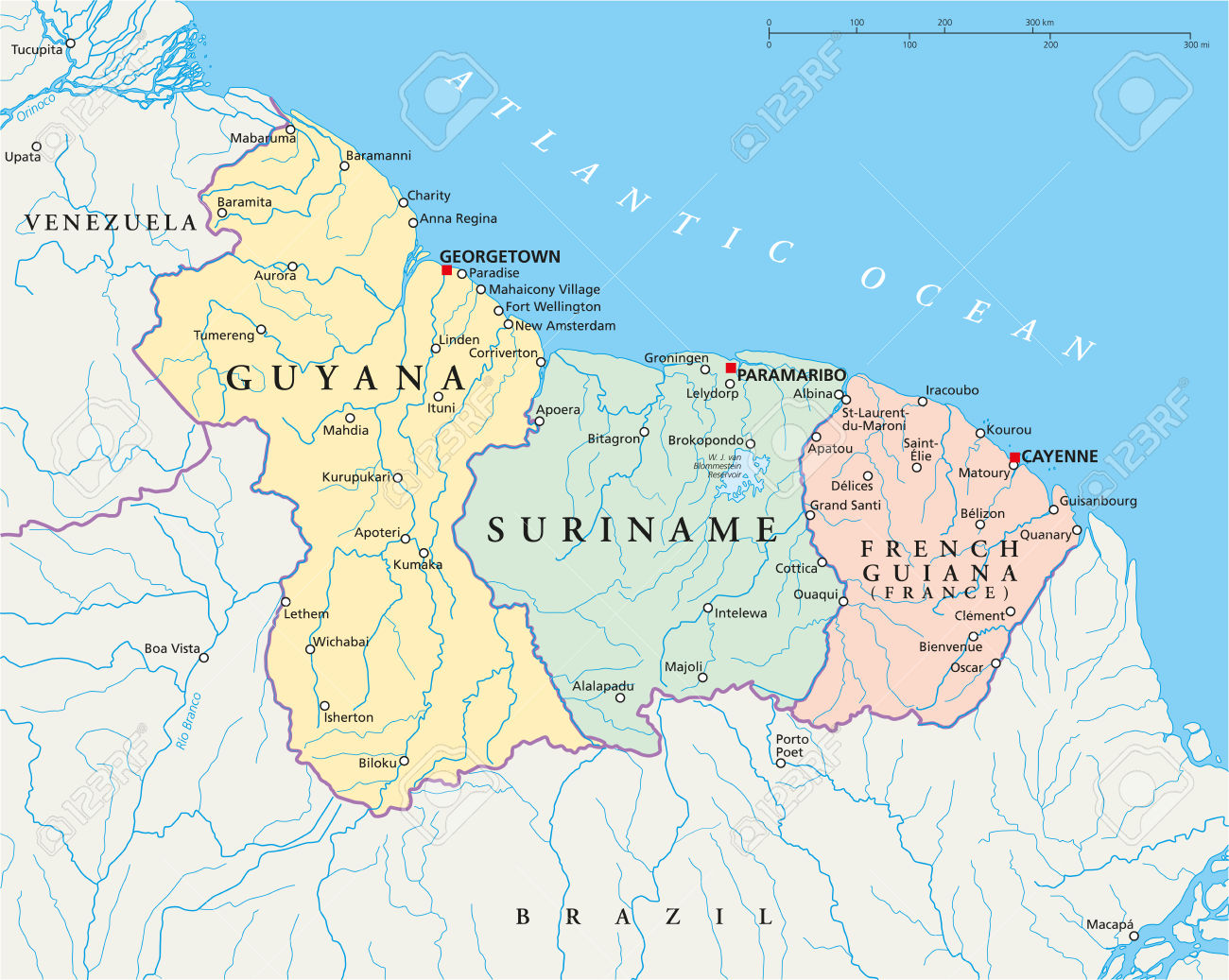 Political Map of French Guiana, Guyana and Suriname