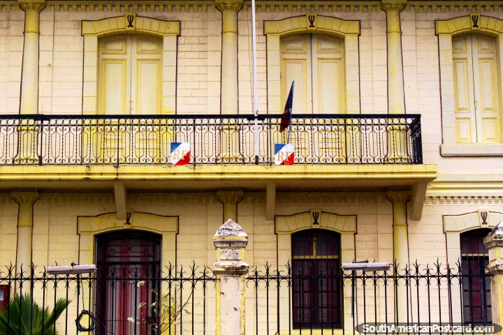 The yellow historical facade of Hotel de Ville (the town hall), Cayenne, French Guiana. (720x480px). The 3 Guianas, South America.