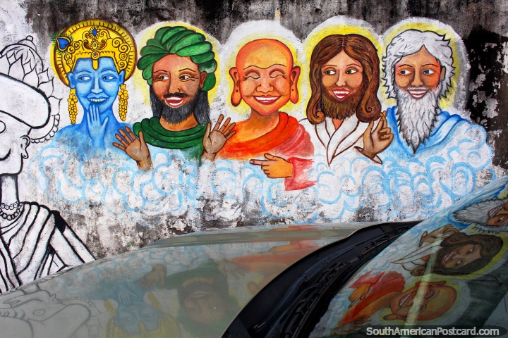 5 homens subiós de religiões diferentes, arte de grafite em Cayenne em Guiana Francesa. (720x480px). As 3 Guianas, América do Sul.