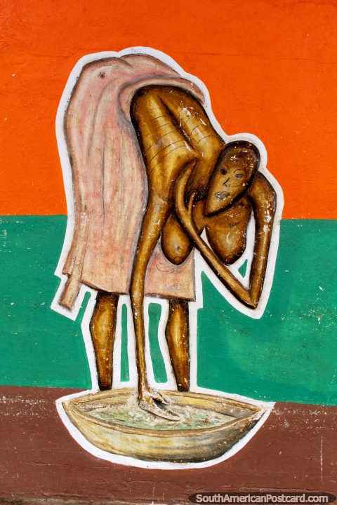 Uma mulher faz algo em um boliche, uma pintura nos mercados em Cayenne, Guiana Francesa. (480x720px). As 3 Guianas, América do Sul.