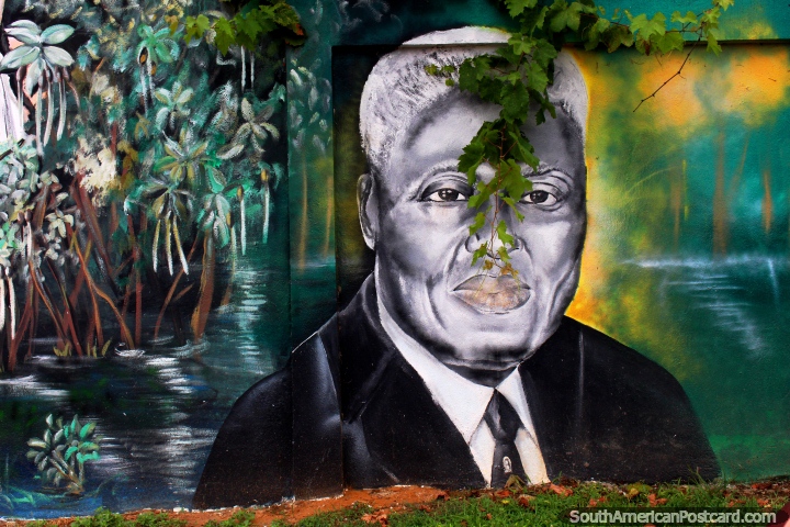 Mural de un hombre con el pelo gris en Cayenne, Guayana Francesa. (720x480px). Las 3 Guayanas, Sudamerica.