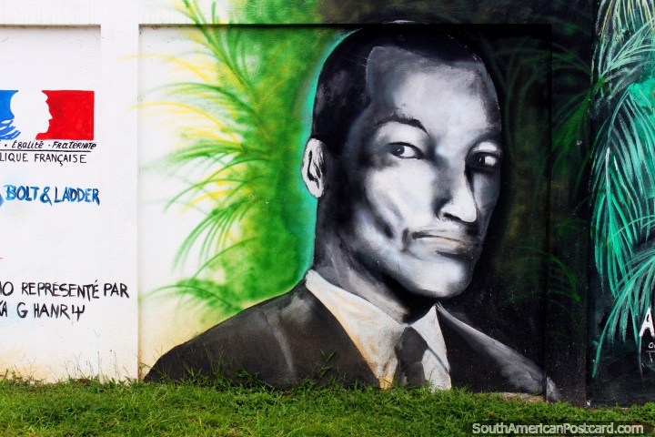 Mural of an important man near the old port in Cayenne, French Guiana. (720x480px). The 3 Guianas, South America.