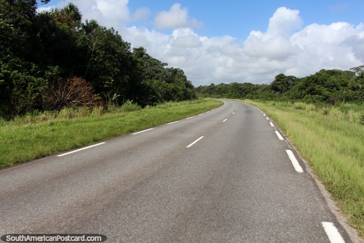 The road between Cayenne and Kourou is 60kms, takes 1hr and costs 10 euros, French Guiana. (720x480px). The 3 Guianas, South America.