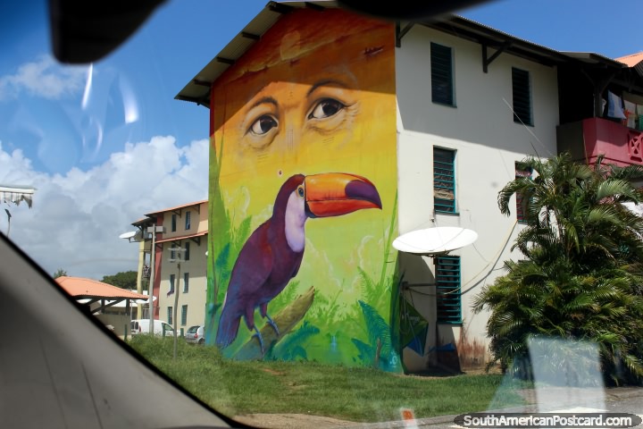 Mural of 2 large eyes and a tucan outside a house in Kourou in French Guiana. (720x480px). The 3 Guianas, South America.