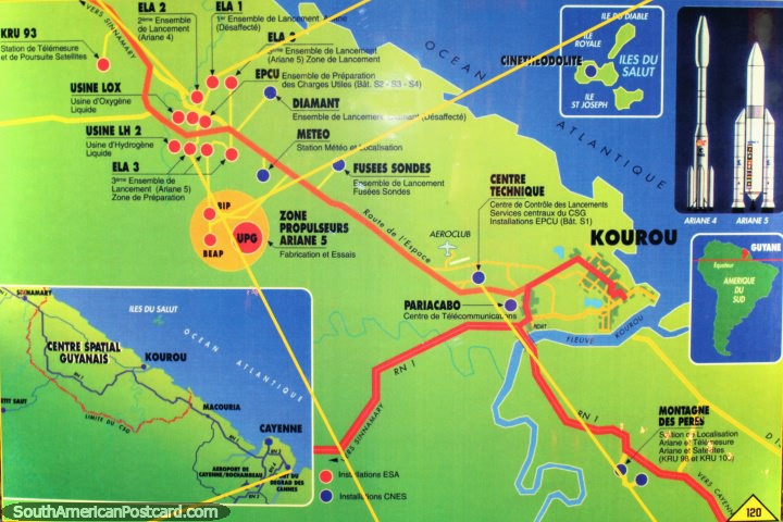 Un mapa de la zona alrededor del centro espacial de Kourou en la Guayana Francesa. (720x480px). Las 3 Guayanas, Sudamerica.