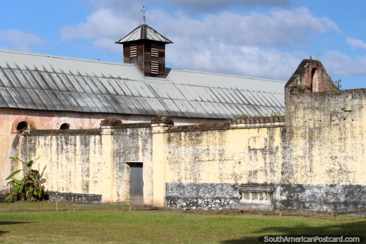 The stone walls inside Le Camp de la Transportation, prison in Saint Laurent du Maroni, French Guiana. (720x480px). The 3 Guianas, South America.