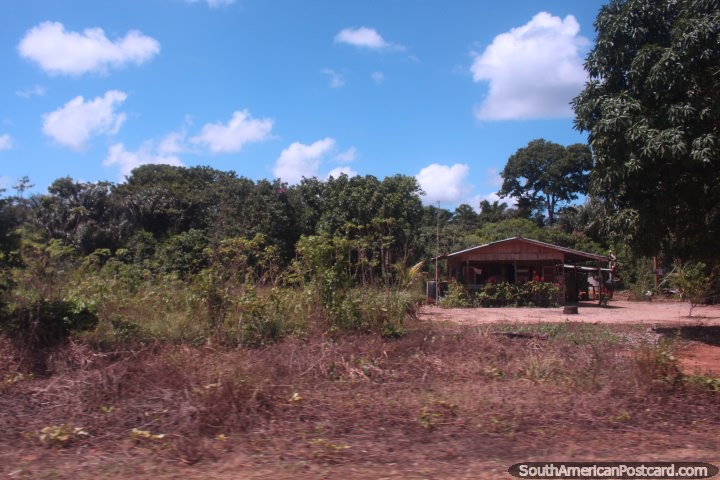 Casa de madeira na zona rural, arbusto todos em volta, entre Albina e Paramaribo, o Suriname. (720x480px). As 3 Guianas, Amrica do Sul.