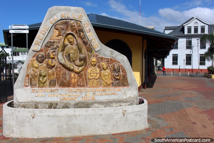 Vrede en alle goeds, (Peace and all good), artwork outside the cathedral in Paramaribo, Suriname. (720x480px). The 3 Guianas, South America.