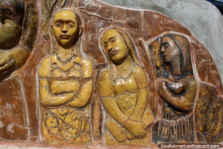 Close-up of 3 figures from the art monument outside the cathedral in Paramaribo, Suriname. (720x480px). The 3 Guianas, South America.