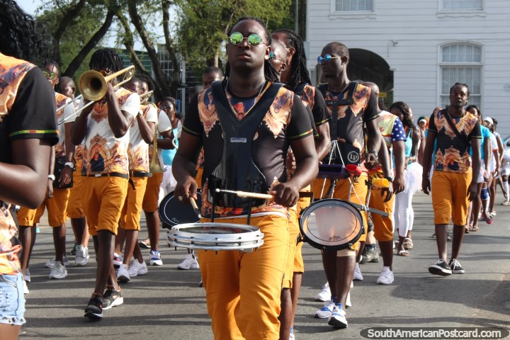 The band play in a group at the Avondvierdaagse parade in Paramaribo, Suriname. (720x480px). The 3 Guianas, South America.
