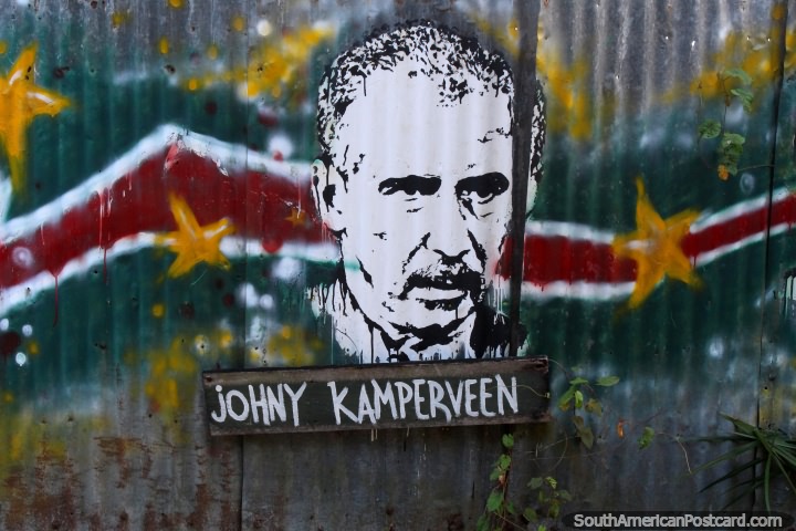 Mural of Johnny Kamperveen (1946-2003), a journalist, Paramaribo, Suriname. (720x480px). The 3 Guianas, South America.