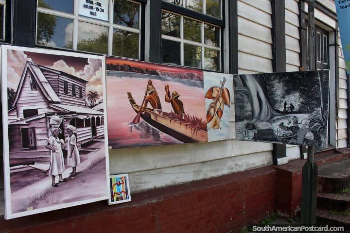 Paintings of indigenous people for sale on the roadside in the historic area of Paramaribo, Suriname. (720x480px). The 3 Guianas, South America.