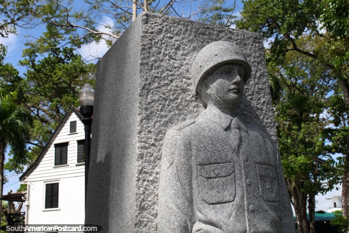 Soldier made of stone, part of the Trismonument in Paramaribo, Suriname. (720x480px). The 3 Guianas, South America.