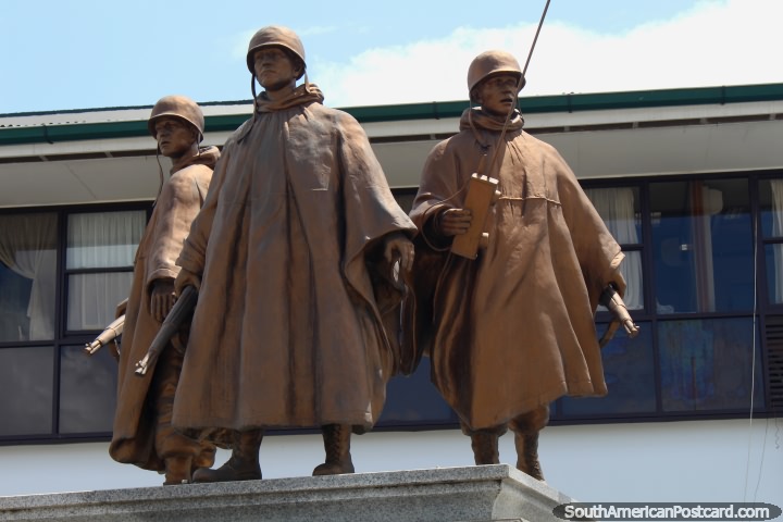 3 soldiers, monument to the Surinamese veterans of the Korean War in Paramaribo, Suriname. (720x480px). The 3 Guianas, South America.