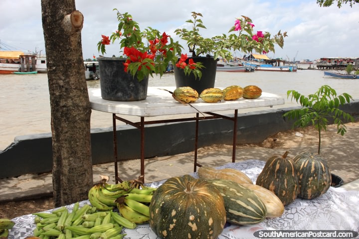Verduras, fruto e flores de venda no porto em Paramaribo, Suriname. (720x480px). As 3 Guianas, América do Sul.