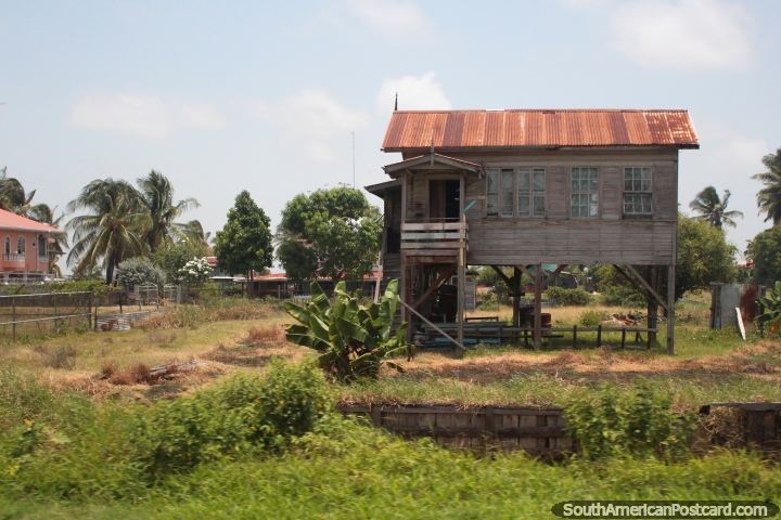 Casa de madeira em pernas de pau com janelas bonitas em terra ervosa entre Córrego de Moleson e Georgetown, a Guiana. (720x480px). As 3 Guianas, América do Sul.