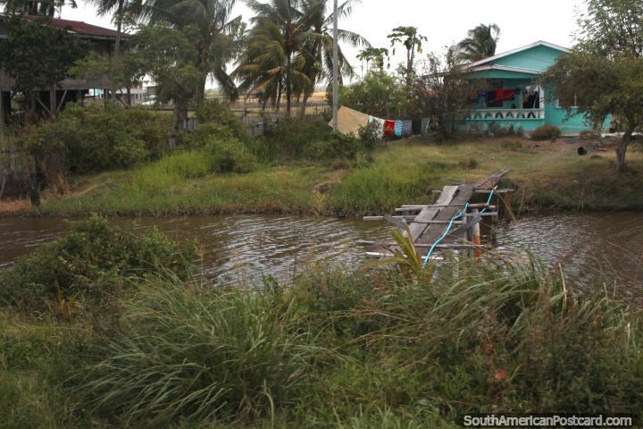 Casas con una vía de agua entre ellos y la carretera, entre Moleson Creek y Georgetown, Guyana. (720x480px). Las 3 Guayanas, Sudamerica.