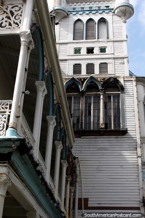 Lower tower and balcony of City Hall in Georgetown in Guyana. (480x720px). The 3 Guianas, South America.