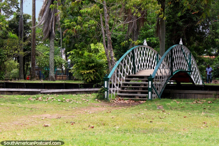 A bridge over a canal at the Georgetown Botanical Gardens in Guyana. (720x480px). The 3 Guianas, South America.