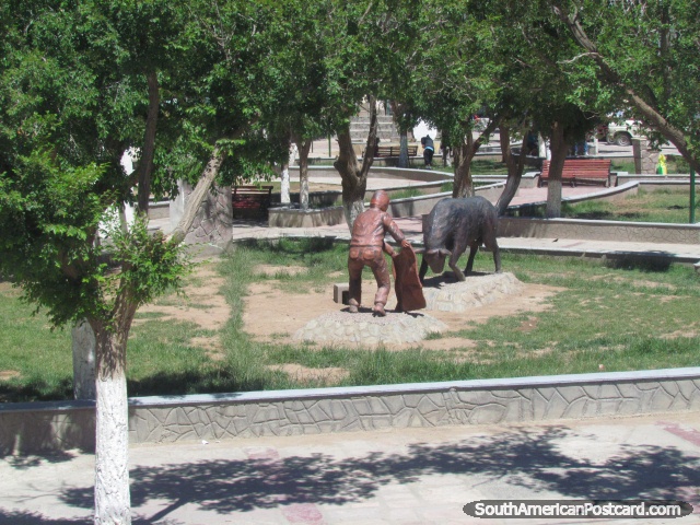 Bullfighting monument in the park at Abra Pampa. (640x480px). Argentina, South America.