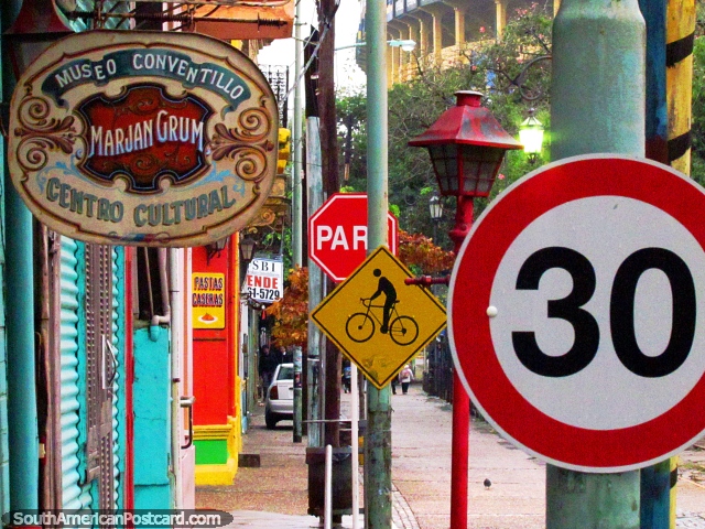 An array of street signs in La Boca Buenos Aires. (640x480px). Argentina, South America.