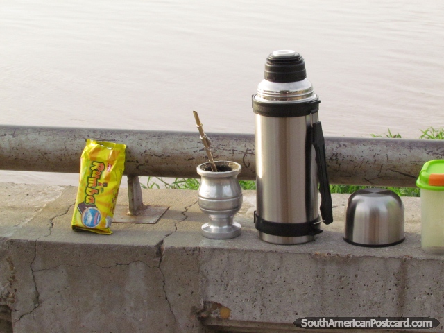 Mate tea kit for walks beside the Rio Parana, Parana. (640x480px). Argentina, South America.