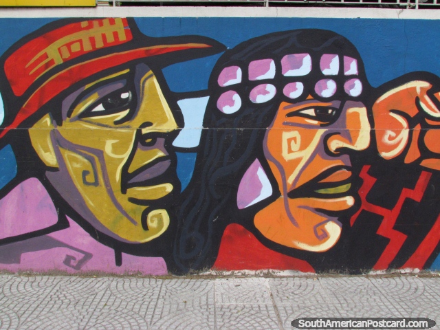Caras indgenas, un con sombrero rojo, arte de graffiti en Buenos Aires. (640x480px). Argentina, Sudamerica.