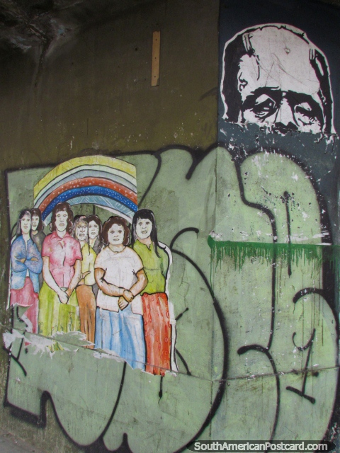 Herman Munster and a group of women, graffiti art in Buenos Aires. (480x640px). Argentina, South America.