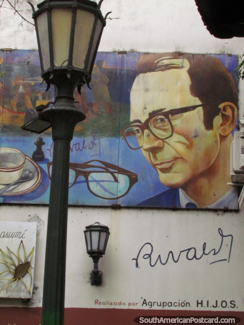 Man with glasses, mural and streetlamps, Calle Chile, San Telmo, Buenos Aires. (480x640px). Argentina, South America.