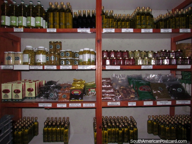 Olive oil and other olive products for sale at Pasrai olive oil factory in Mendoza. (640x480px). Argentina, South America.