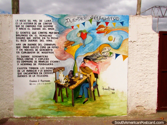 'Duendes Serenateros', wall mural and poem in Cafayate. (640x480px). Argentina, South America.