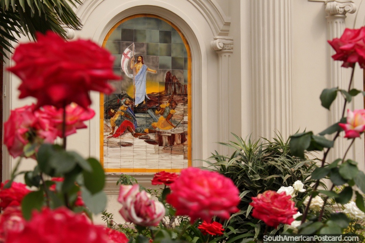 The gardens of roses and tiled murals at Church San Jorge in Salta. (720x480px). Argentina, South America.