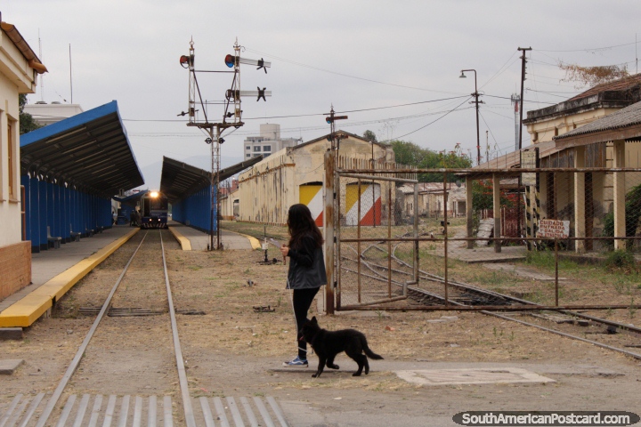 The train station in Salta, a girl with a dog walks past. (720x480px). Argentina, South America.