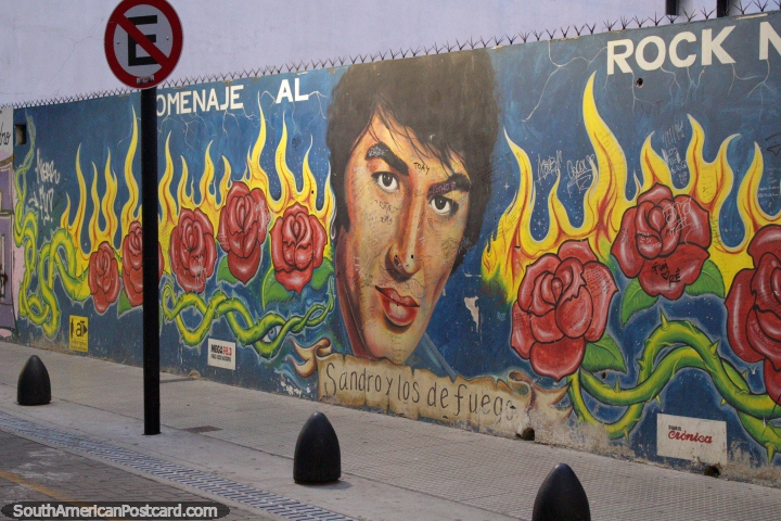 La cara de un hombre rodeado de rosas y rojas llamas, mural en Buenos Aires. (720x480px). Argentina, Sudamerica.