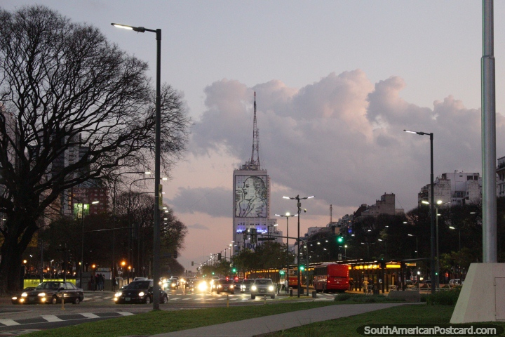 Eva Peron in the distance, looking along the streets of Buenos Aires in the evening. (720x480px). Argentina, South America.
