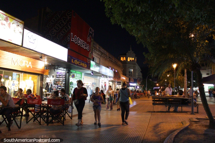 Shops and restaurants, central Resistencia at night. (720x480px). Argentina, South America.