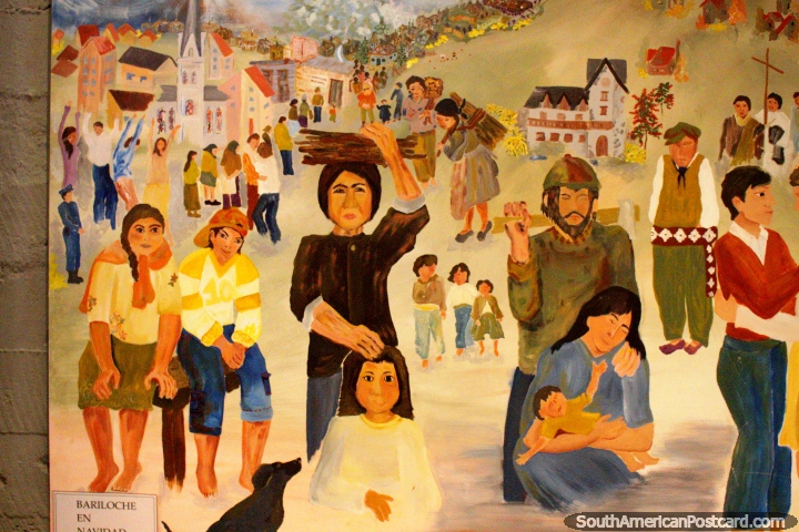 Painting of Bariloche at Christmastime in the cathedral, people carry wood. (720x480px). Argentina, South America.