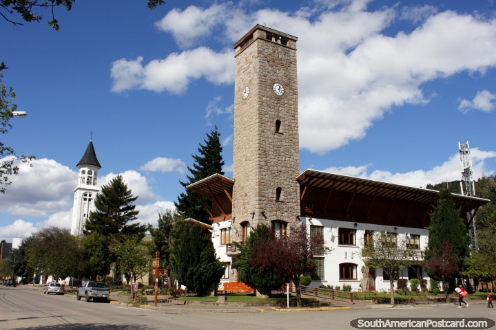 Clock tower and bell tower, government building and church in San Martin de los Andes. (720x480px). Argentina, South America.