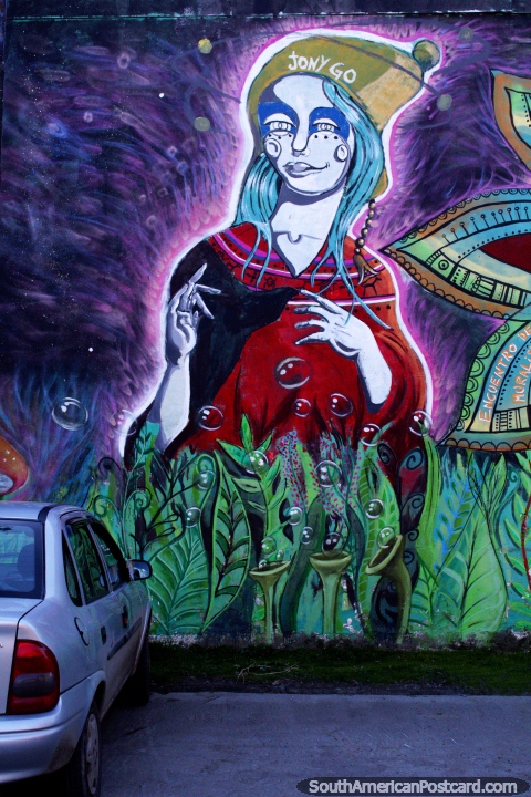 Bohemian woman and bubbles in a garden, street art in Villa La Angostura. (480x720px). Argentina, South America.