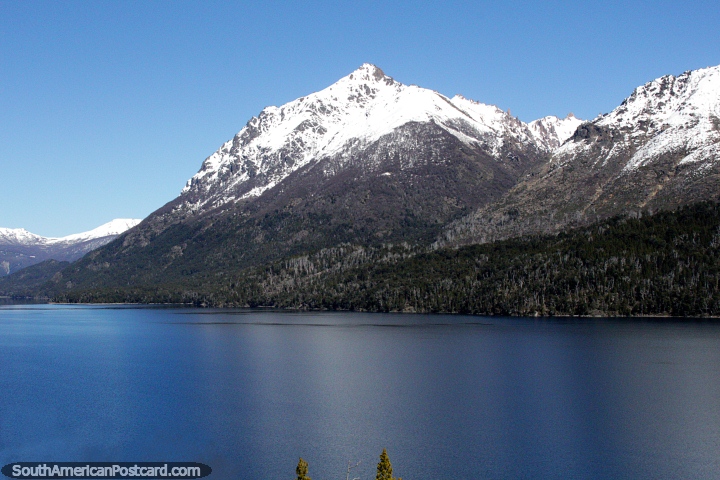 The road travels directly beside these beautiful lakes and mountains south of Bariloche. (720x480px). Argentina, South America.