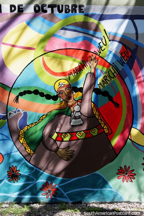Marichi Weu, a woman dancing! Colorful mural in El Bolson. (480x720px). Argentina, South America.