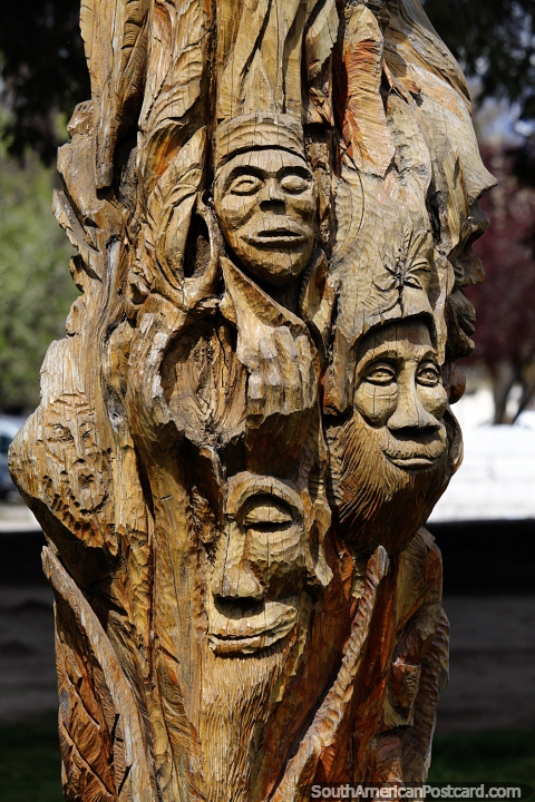 Faces carved into a tree trunk, great craftsmanship at Plaza Pagano in El Bolson. (480x720px). Argentina, South America.
