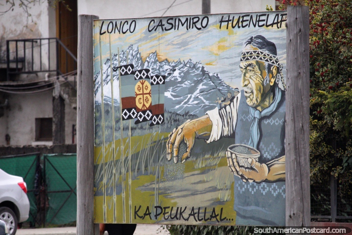 Lonco Casimiro Huenelaf, an indigenous man of the Mapuche people, mural in El Bolson. (720x480px). Argentina, South America.