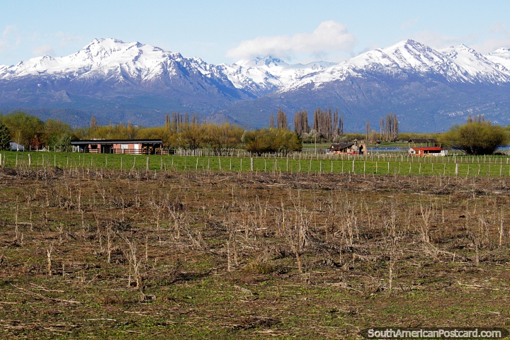 Houses in the countryside and farmland in the wilderness around Trevelin. (720x480px). Argentina, South America.