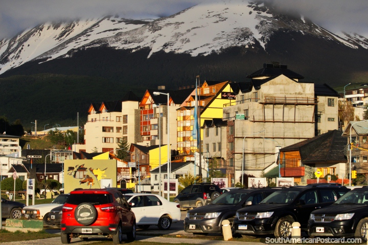 The Martial snow-capped mountain ranges tower over the city of Ushuaia. (720x480px). Argentina, South America.