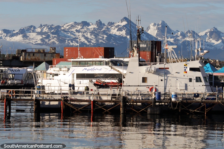The port in Ushuaia with amazing mountain ranges of snow behind. (720x480px). Argentina, South America.