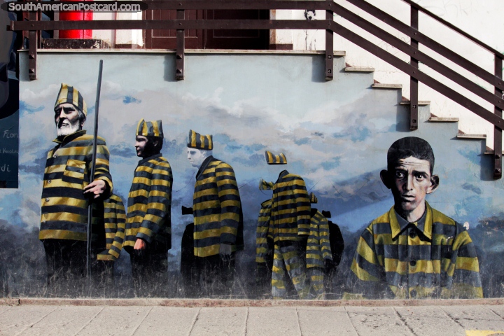 Mural of prisoners dressed in yellow and black in central Ushuaia. (720x480px). Argentina, South America.