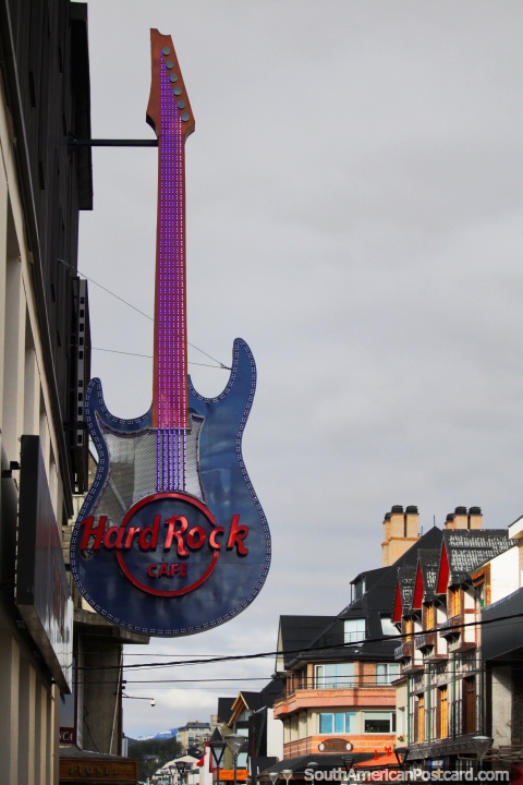 The Hard Rock Cafe is at Avenida San Martin 594 in Ushuaia, purple guitar outside. (480x720px). Argentina, South America.