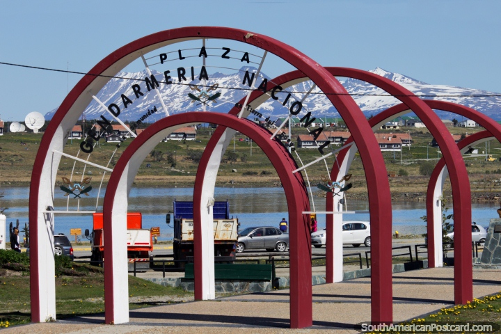 Plaza Gendarmeria Nacional, archways in homage to the community of the Tierra del Fuego in Ushuaia. (720x480px). Argentina, South America.
