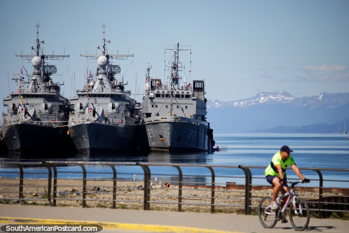 Waterfront in Ushuaia, 3 navy ships docked in the port. (720x480px). Argentina, South America.